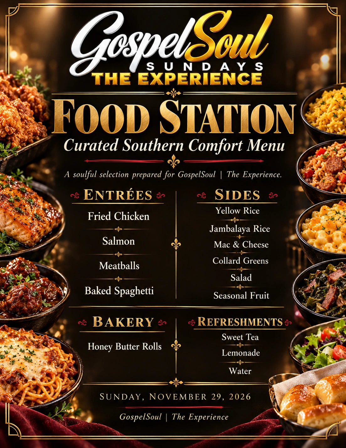 Southern comfort food menu for November 29: fried chicken, salmon, meatballs, baked spaghetti, rice, mac and cheese, collard greens, salad, fruit, rolls, tea, lemonade and water